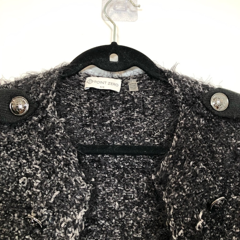 Point Zero Black Bouclé Eyelash Knit Jacket Cardigan Military Button Detail P/S - Picture 2 of 13